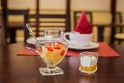 Fruit salad, verrine cheese white fruit coulis